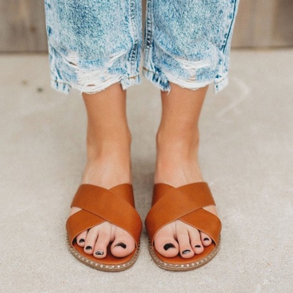 Tan Vegan Leather Criss Cross Studded slide Sandals - Picture 1 of 3